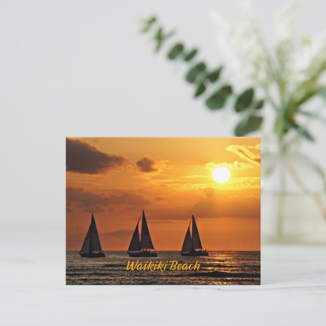 Postal Sunset hawaiano, Waikiki Beach, (Anverso de pie)