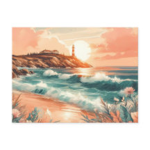Sunset Lighthouse Ocean Beach Boho Floral