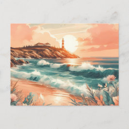 Postal Sunset Lighthouse Ocean Beach Boho Floral