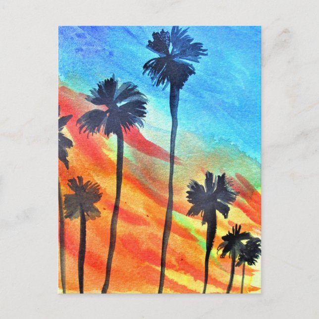Postal Sunset Palm Tree beach surf art (Anverso)
