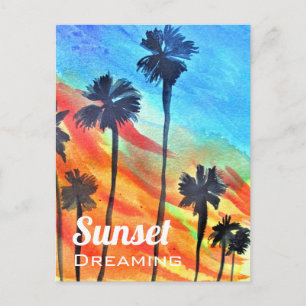Postal Sunset Palm Tree beach surf art