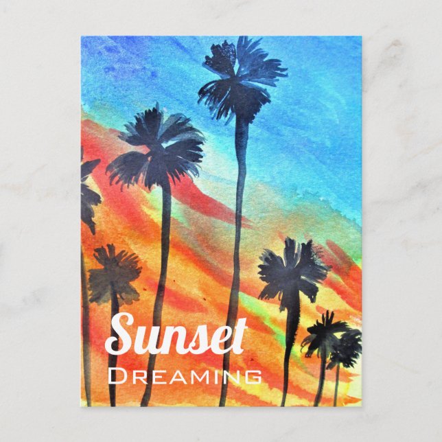 Postal Sunset Palm Tree beach surf art (Anverso)