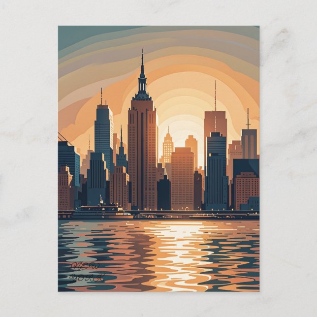 Postal Sunset retro vintage sobre Manhattan (Anverso)