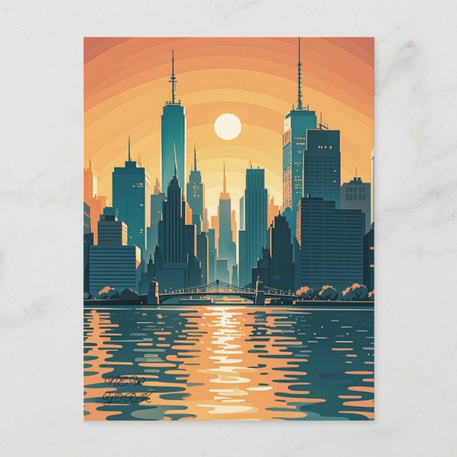 Postal Sunset retro vintage sobre Manhattan (Anverso)