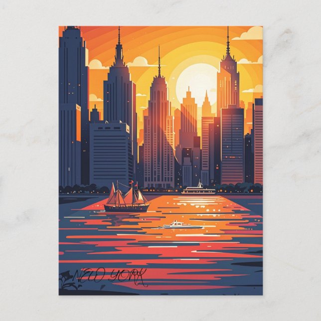 Postal Sunset retro vintage sobre Manhattan (Anverso)