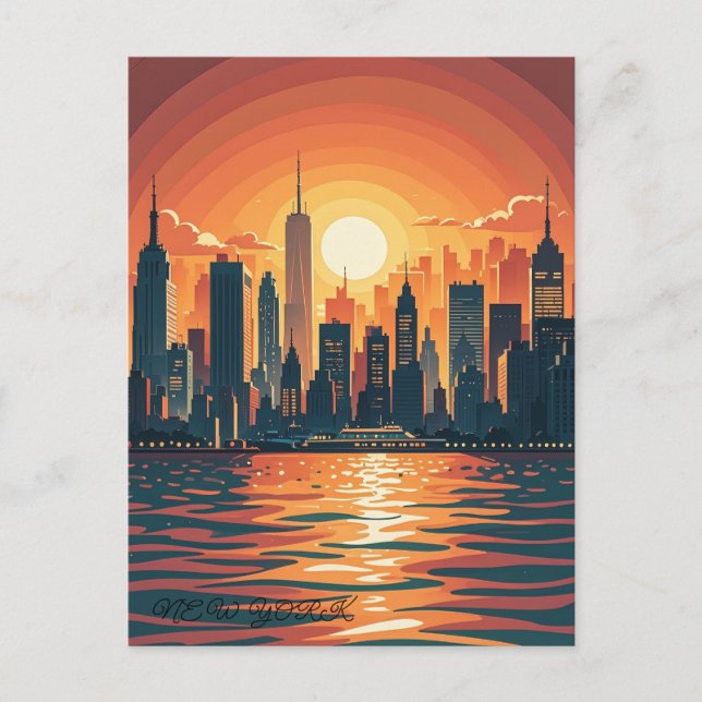 Postal Sunset retro vintage sobre Manhattan (Anverso)