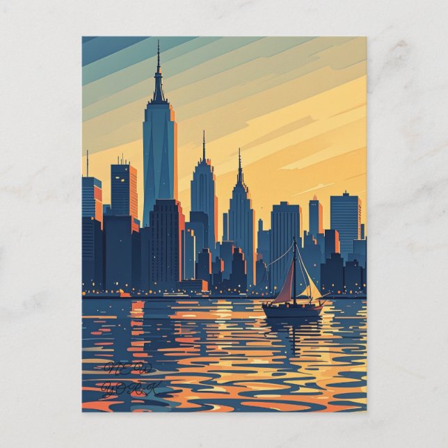 Postal Sunset retro vintage sobre Manhattan (Anverso)