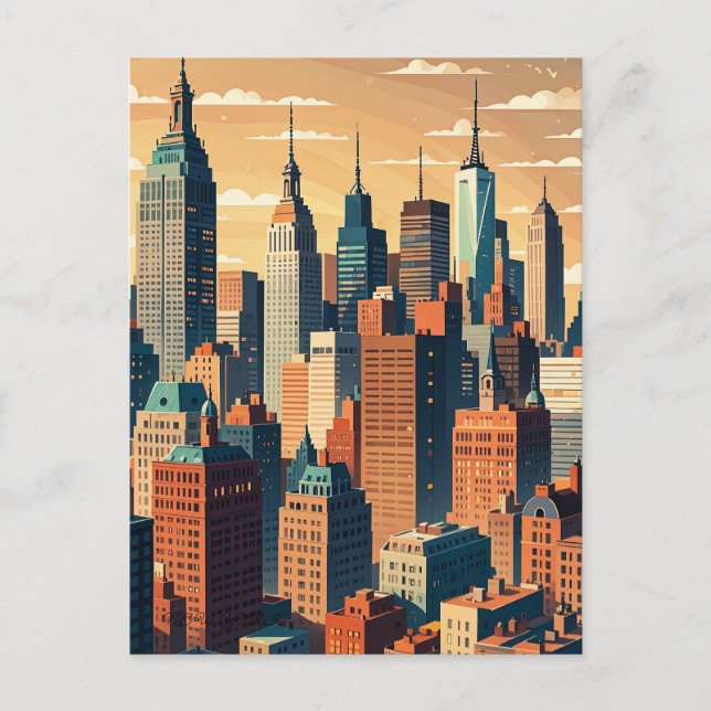 Postal Sunset retro vintage sobre Manhattan (Anverso)