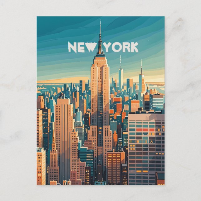 Postal Sunset retro vintage sobre Manhattan (Anverso)