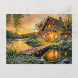 Postal Sunset River Cottage with Dog on Bridge and Flower