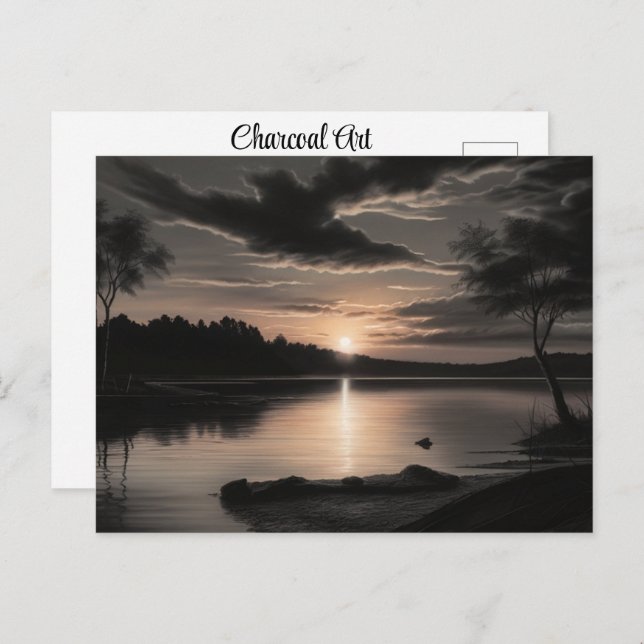 Postal Sunset Sunrise Glassy Lake Charcarbón Pencil Art (Anverso / Reverso)
