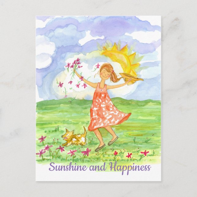 Postal Sunshine and Happiness Chica Perro Inspirador (Anverso)
