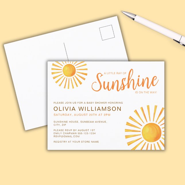 Postal Sunshine Baby Shower (Little Ray of Sunshine Baby Shower Invitation Postcard)