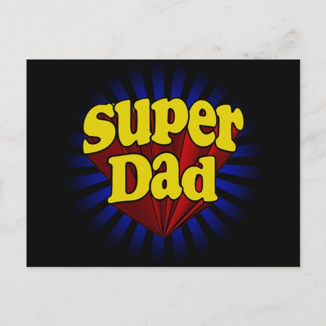 Postal Super Dad, superhéroe rojo/amarillo/azul (Anverso)