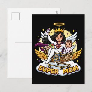 Postal Super Mamá Ángel Superhéroe Dibujo Animado