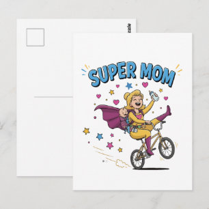Postal Súper Mamá Superheroe Montando Bicicleta con Regal