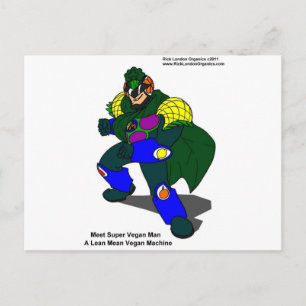 Postal Super Vegan Man (nuestra mascota) regala camisetas