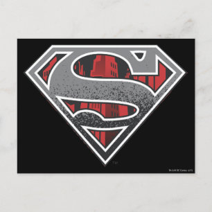 Postal Superman S-Shield Logotipo Gris y Ciudad Roja