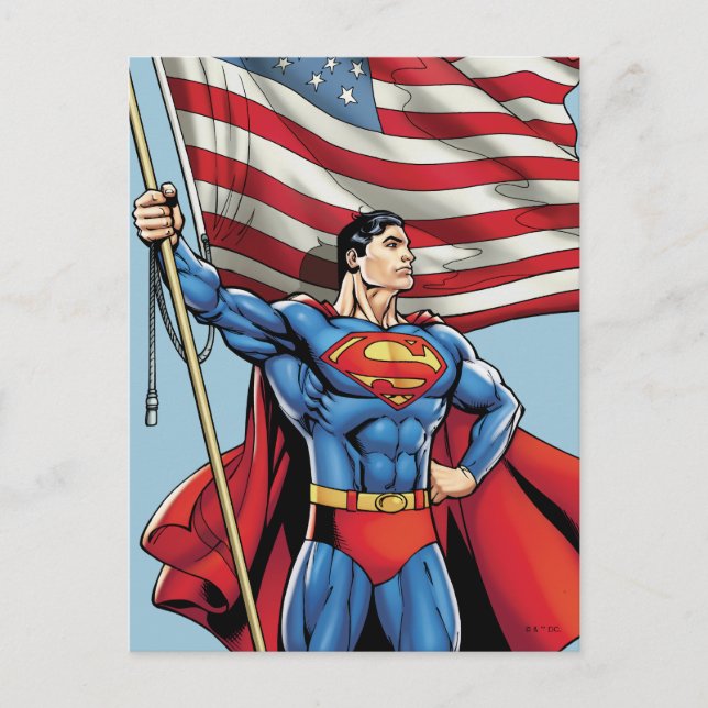 Postal Superman sostiene la bandera estadounidense (Anverso)