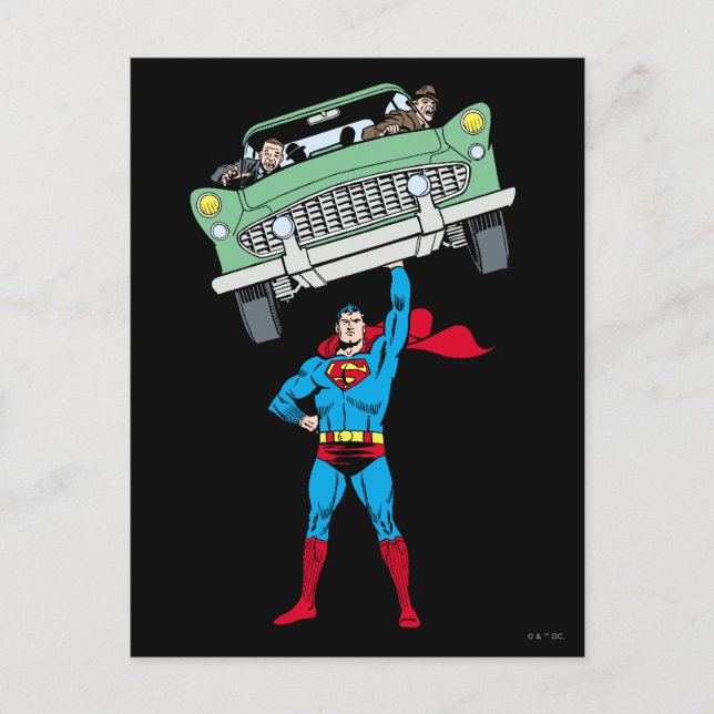 Postal Superman sostiene un auto (Anverso)