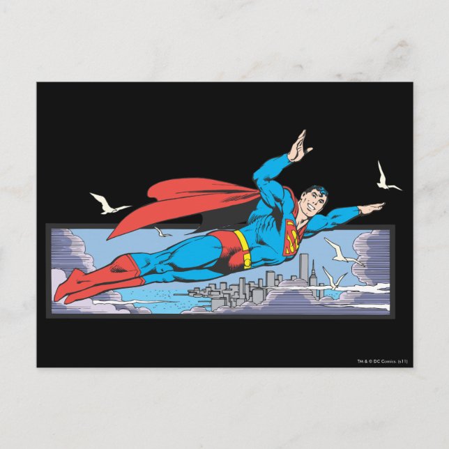 Postal Superman vuela por la ciudad (Anverso)