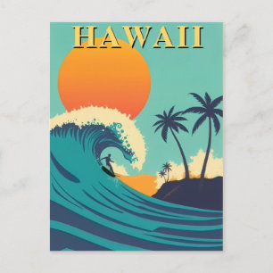 Postal Surf de Hawaii Retro atardecer y olas Viaje
