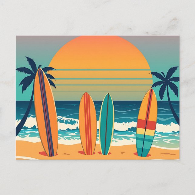 Postal Surfboard en una playa tropical (Anverso)