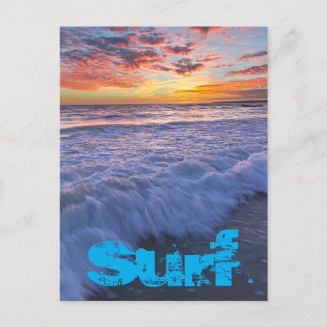 Postal Surfear olas de playa al atardecer (Anverso)