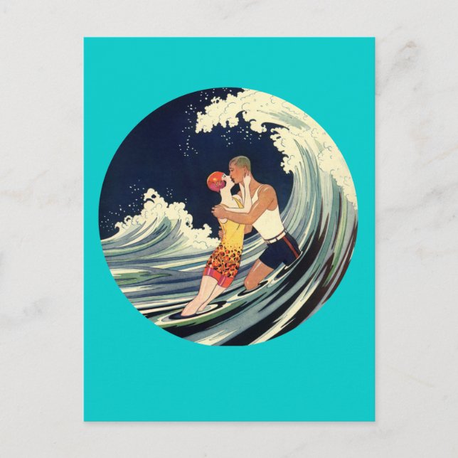 Postal Surfer Aovers Kissing Vintage Ilustracion (Anverso)