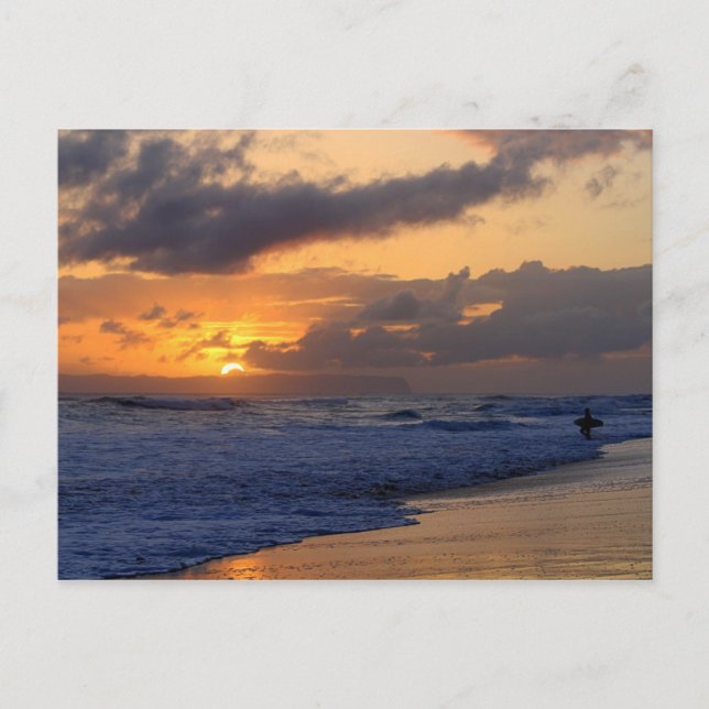 Postal Surfista al atardecer en la playa de Kauai, Niihau (Anverso)