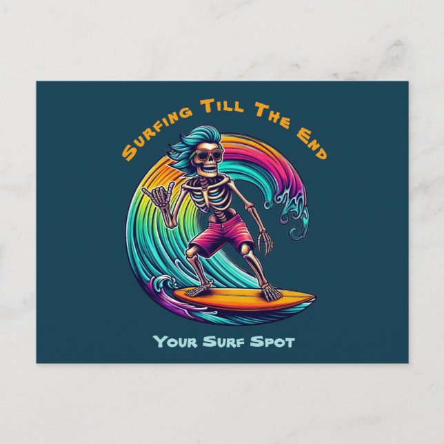 Postal Surfista De Esqueleto En Ola (Anverso)