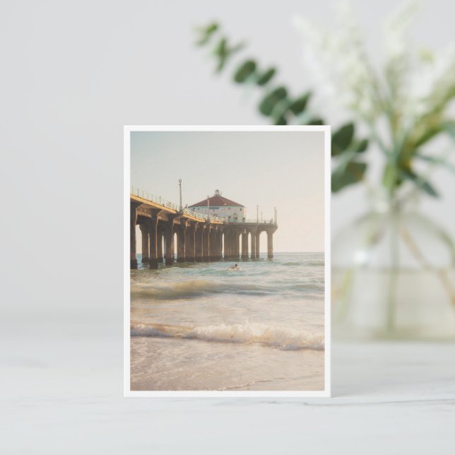 Postal Surfista en el muelle de Manhattan Beach al atarde (Anverso de pie)