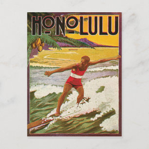 Postal Surfista en playa tropical de Honolulu, viaje vint