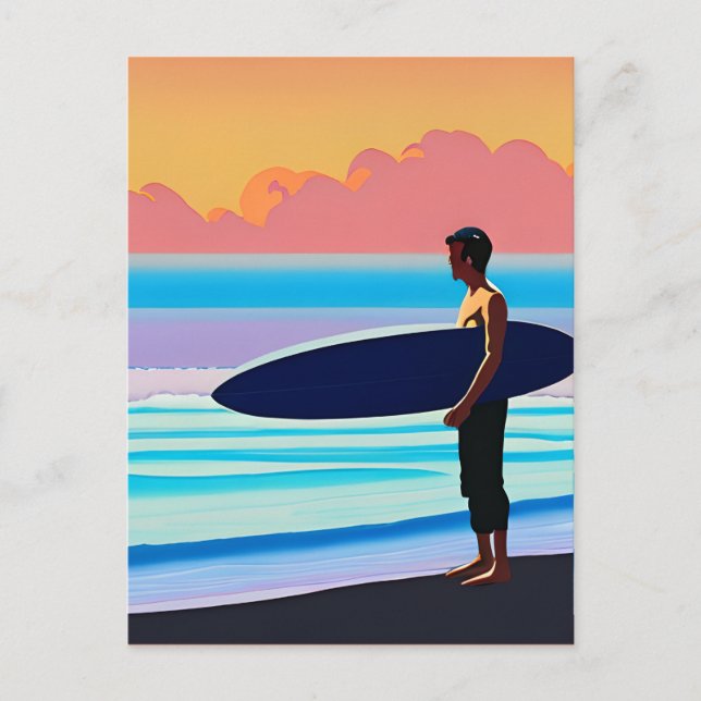Postal Surfista en una playa al atardecer (Anverso)