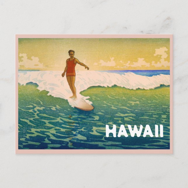 Postal Surfista vintage en el Ilustracion de Hawái (Anverso)