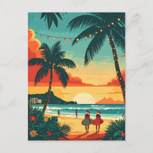 Postal Surfistas de Navidad Atardecer en la Playa Tropica