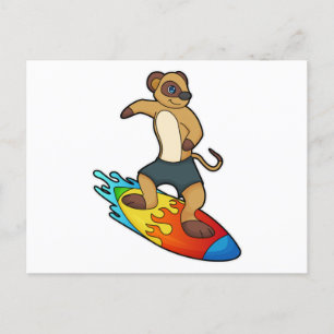 Postal Suricata como surfista con tabla de surf