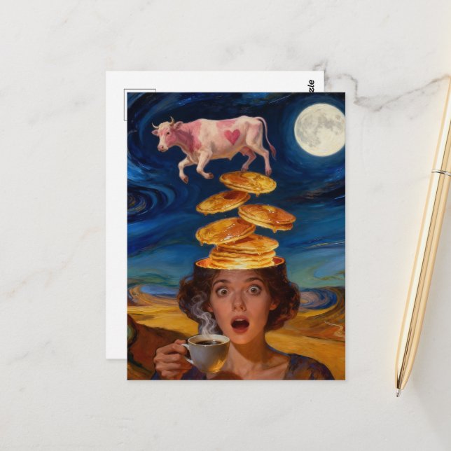 Postal Surprised Breakfast Lady Pancakes Coffee Pink Cow (Anverso/Reverso In Situ)