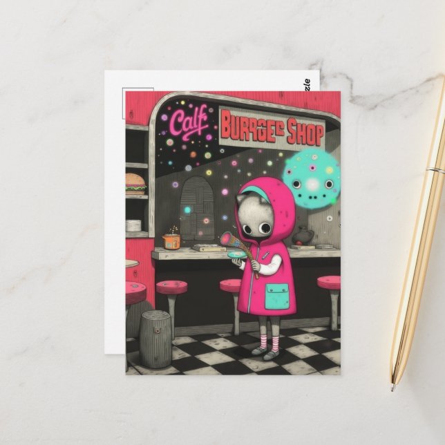 Postal Surreal Burger Shop Cat in a Pink Jacket (Anverso/Reverso In Situ)