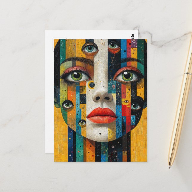 Postal Surreal Colorful Face With Lots of Eyes (Anverso/Reverso In Situ)
