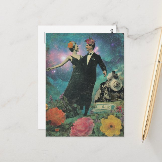 Postal Surreal Dancing People Adventure Collage Train (Anverso/Reverso In Situ)