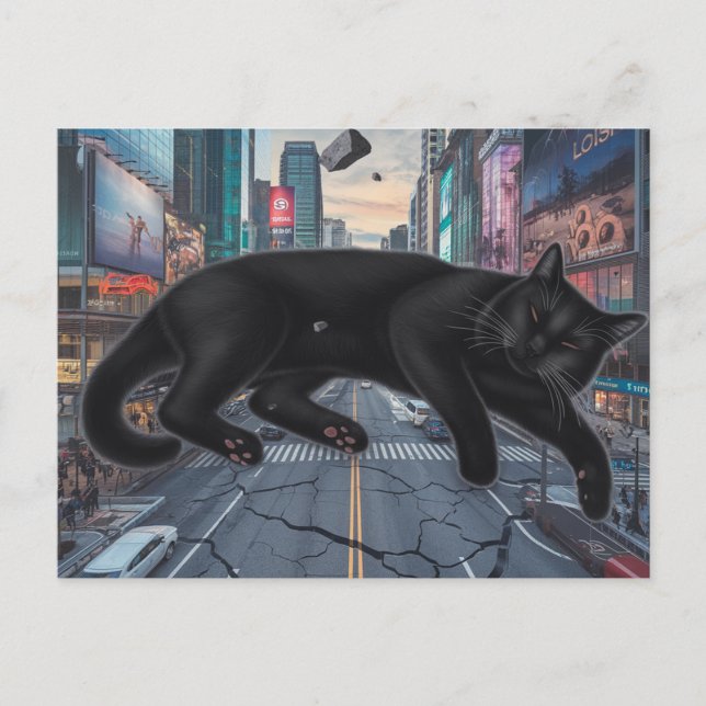 Postal Surreal gato negro bloquea la calle City (Anverso)