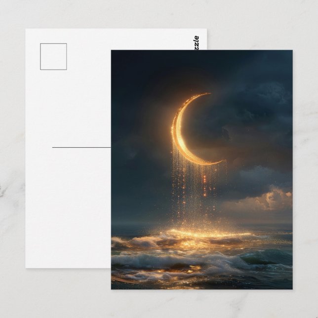 Postal Surreal Golden Crescent Moon Above Ocean (Anverso / Reverso)
