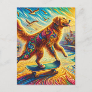 Postal Surreal Golden Retriever Skateboarding
