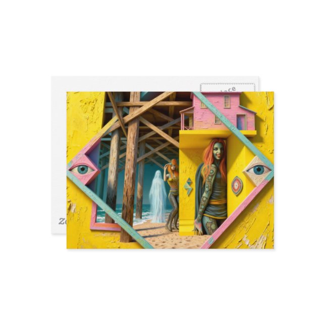 Postal Surreal Mermaids Come To the Pier Once a Year (Anverso/Reverso In Situ)