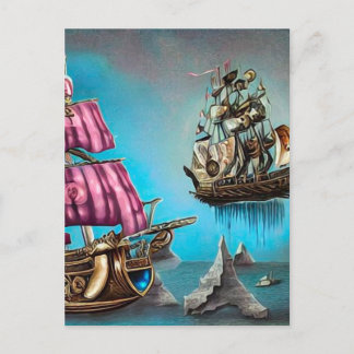 Postal Surreal Steampunk Floting Ship & Pink Sails