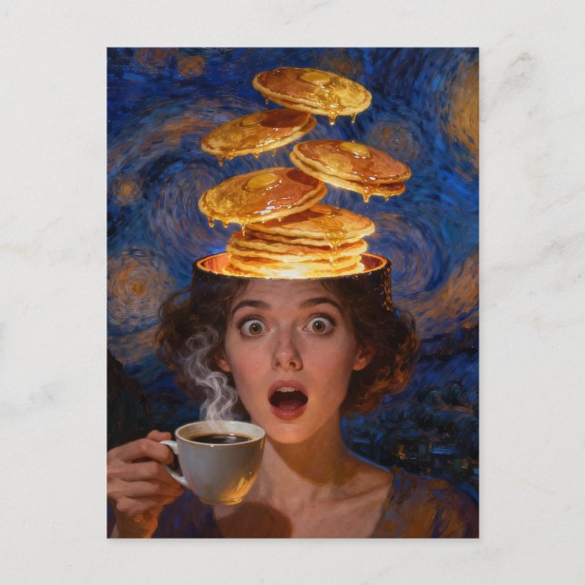 Postal Surreal Surprised Breakfast Pancakes Coffee Woman  (Anverso)