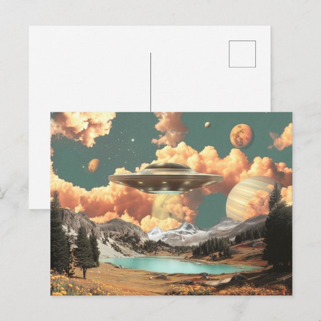 Postal Surreal UFO Above Mountain Lake with Planets (Anverso / Reverso)