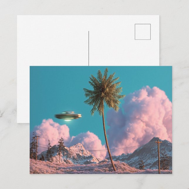 Postal Surreal UFO and Palm Tree Mountain Scene (Anverso / Reverso)