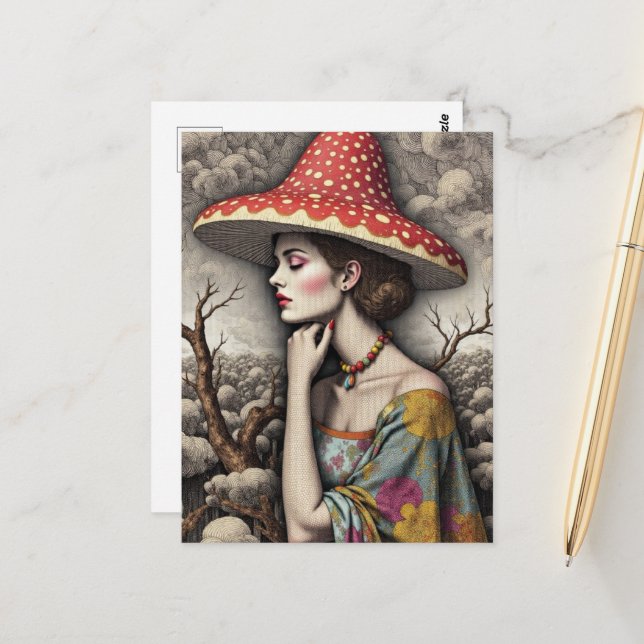 Postal Surreal Woman With a Mushroom Hat (Anverso/Reverso In Situ)